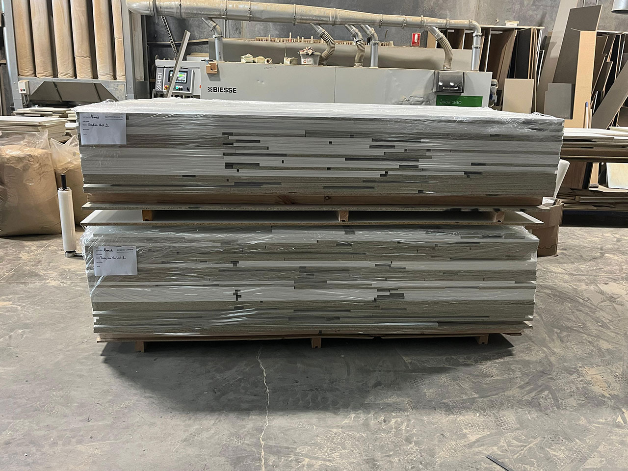 CNC-cut timber slat panels ready for flat pack assembly