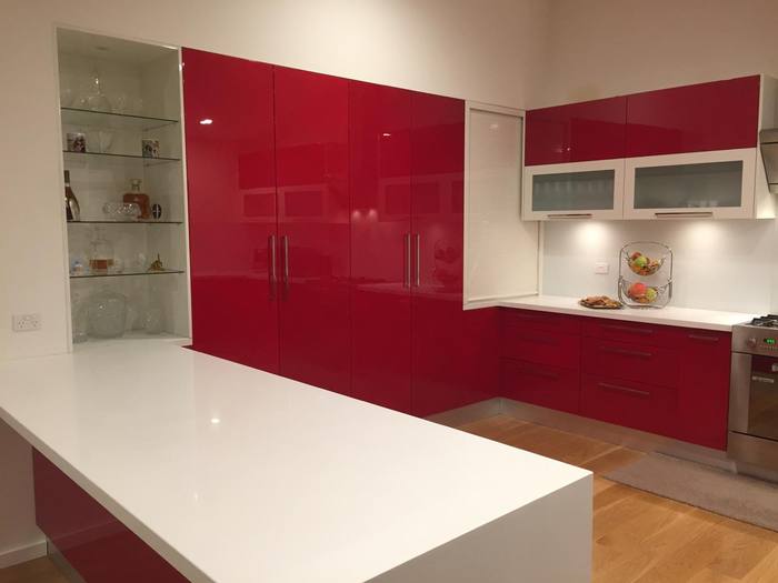 Red gloss kitchen, wide angle