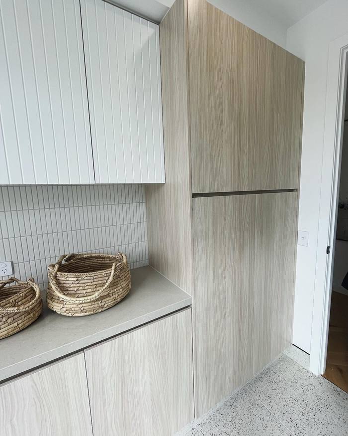Timber veneer wardrobe and linen storage